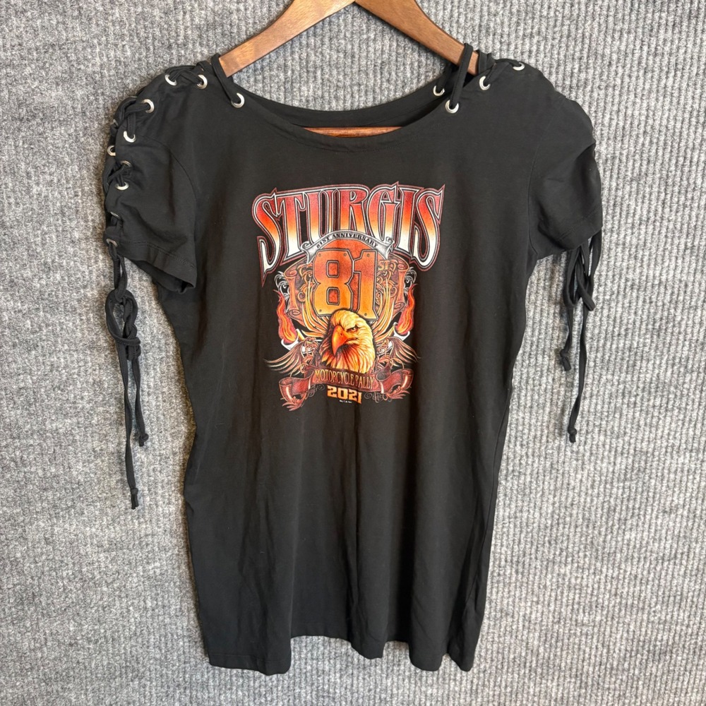 Vance Biker Wear Sturgis 2021 Lace Up Sleeve Graphic Tee Women's L